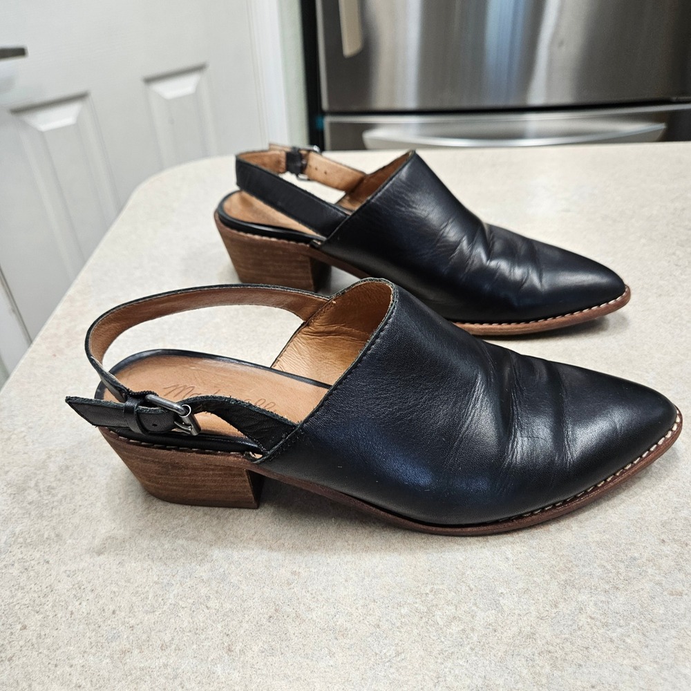Madewell Slingback‎ Mules Womens 9 Black Leather Pointed Toe Block Heel Sandals